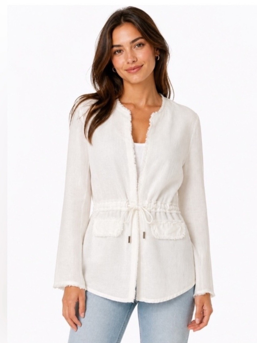 #0316 Baci Italy White Linen Blend Drawstring Jacket Frayed